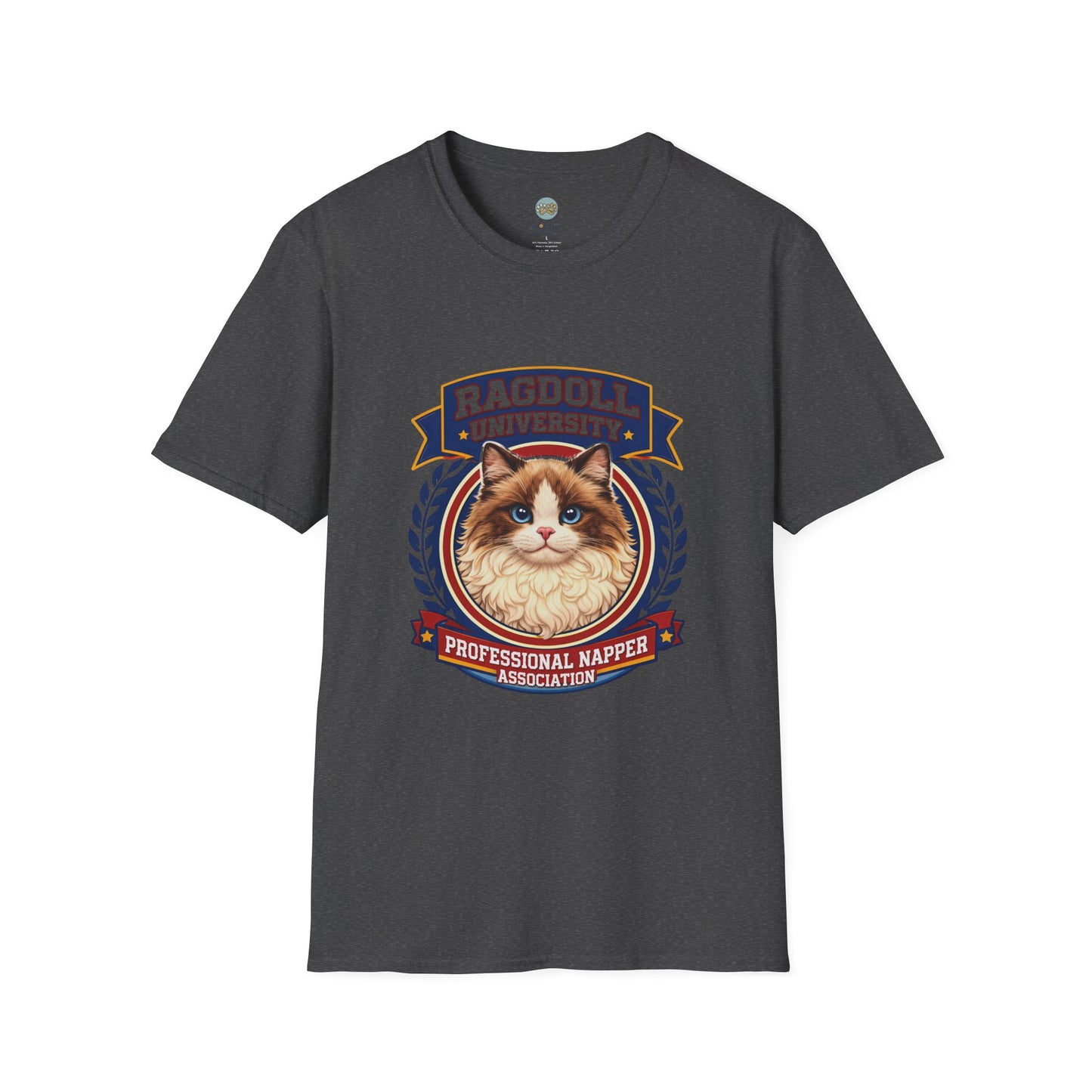 Ragdoll University T-Shirt | Vintage College Crest Style | Gildan Softstyle 64000 Premium Tee for Cat Moms and Dads