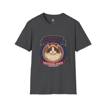 Ragdoll University T-Shirt | Vintage College Crest Style | Gildan Softstyle 64000 Premium Tee for Cat Moms and Dads