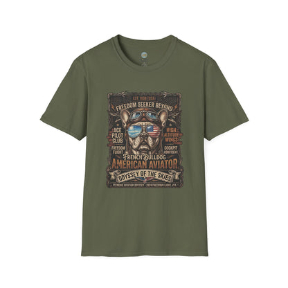 Vintage Aviator Frenchie T-Shirt | Freedom French Bulldog Pilot with Goggles | Gildan Softstyle 64000 Premium Tee