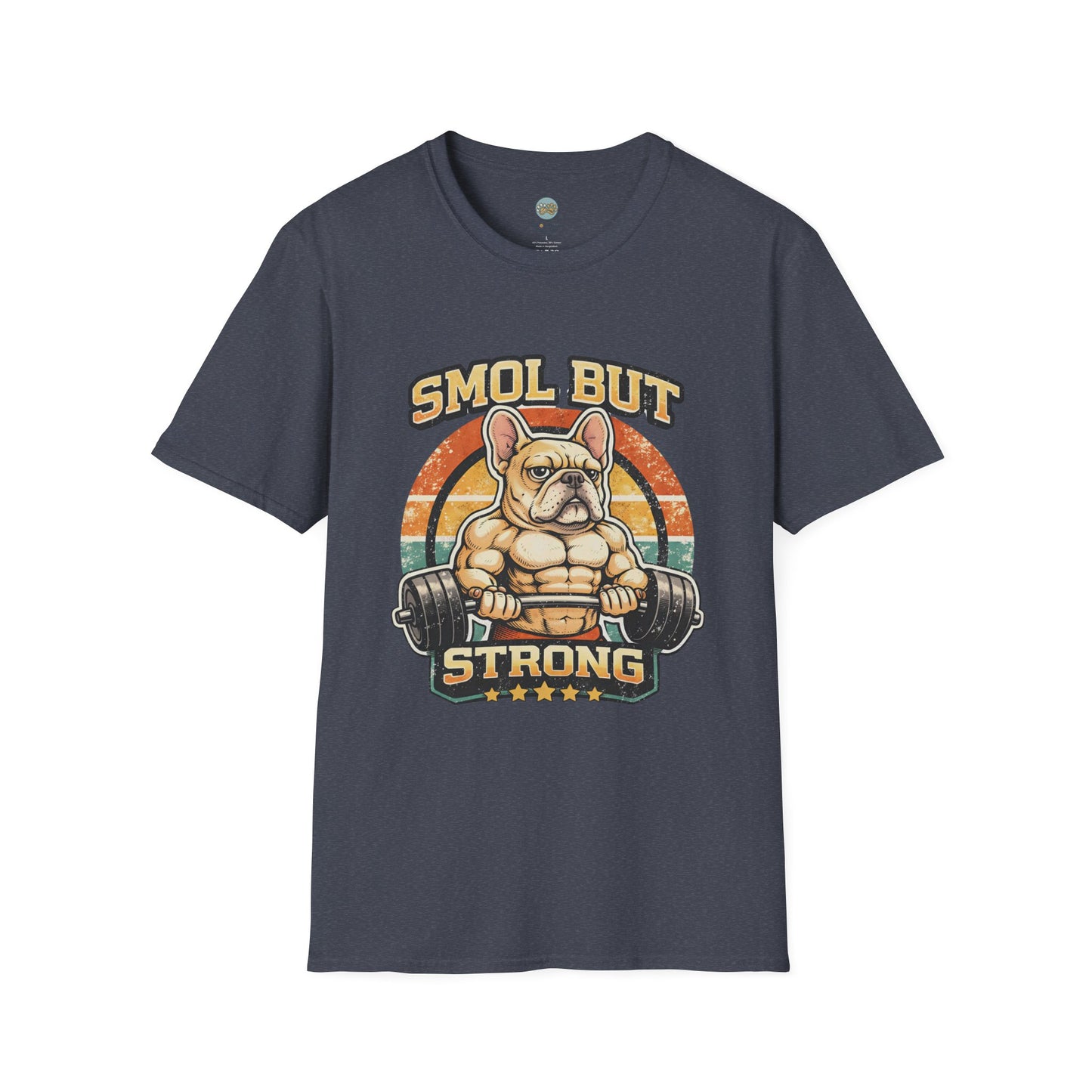 French Bulldog Gym T-Shirt | Smol But Strong - Frenchie Lifting Weights Retro Gym Vibe Design | Gildan Softstyle 64000 Premium Tee