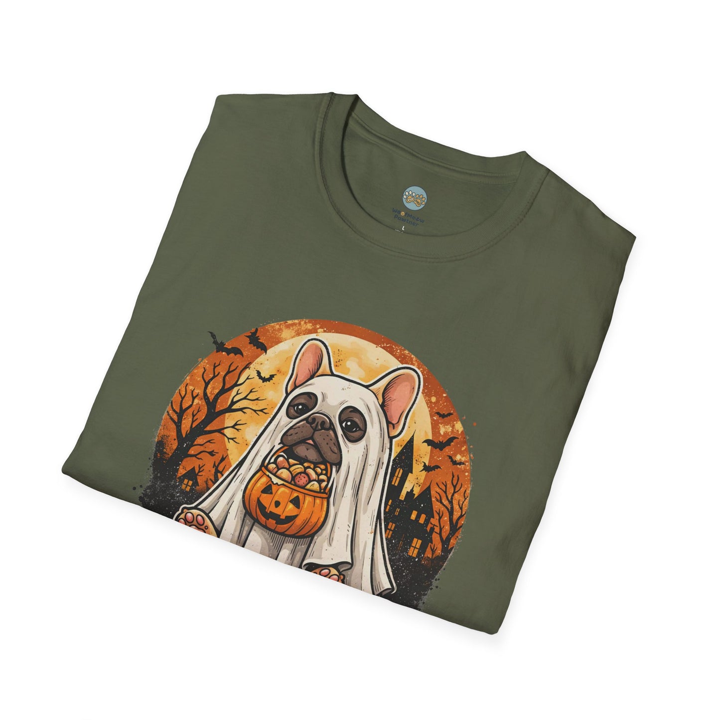 French Bulldog - Too Cute To Spook Halloween T-Shirt | Frenchie in Ghost Costume | Gildan Softstyle 64000 Premium Tee