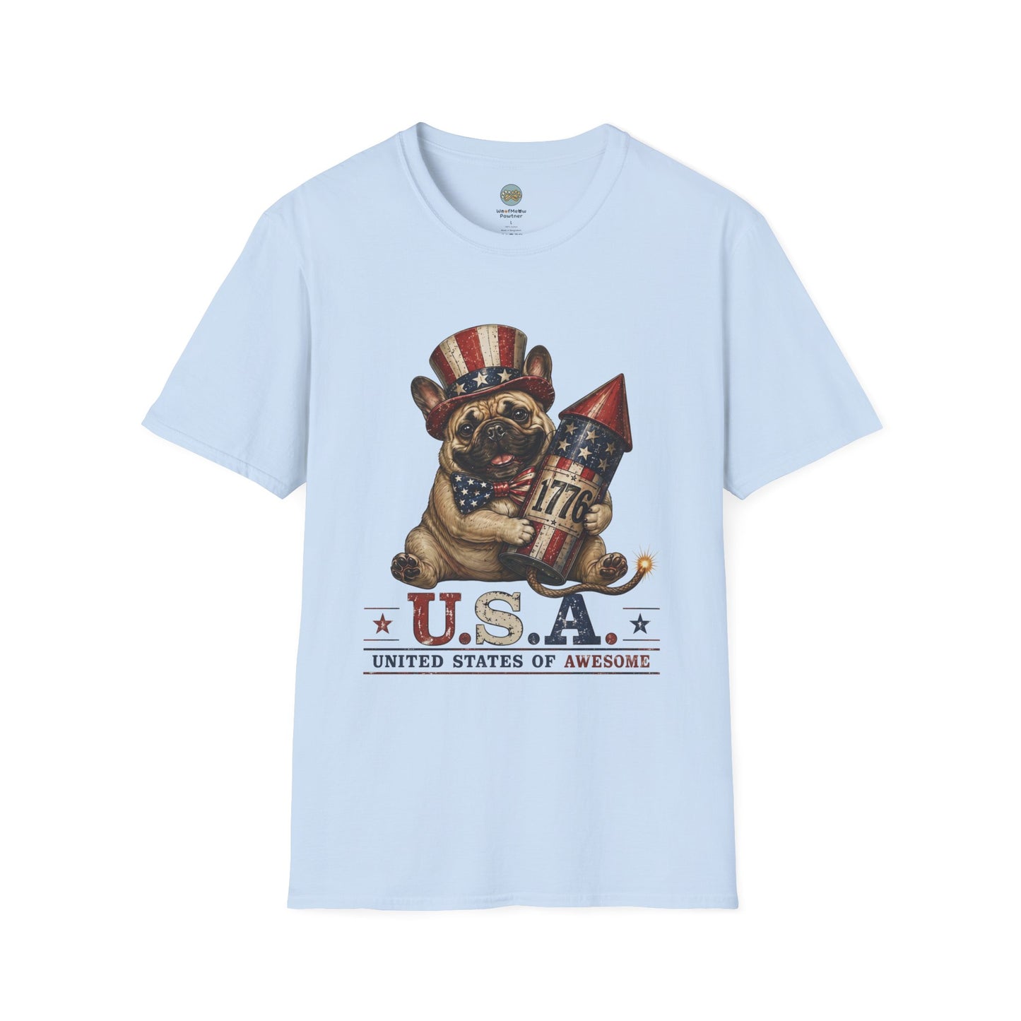 USA United States of Awesome 4th of July T-Shirt | Frenchie with 1776 Firework | Gildan Softstyle 64000
