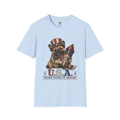 USA United States of Awesome 4th of July T-Shirt | Frenchie with 1776 Firework | Gildan Softstyle 64000
