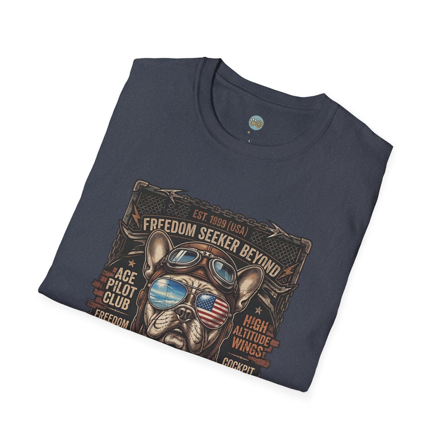 Vintage Aviator Frenchie T-Shirt | Freedom French Bulldog Pilot with Goggles | Gildan Softstyle 64000 Premium Tee