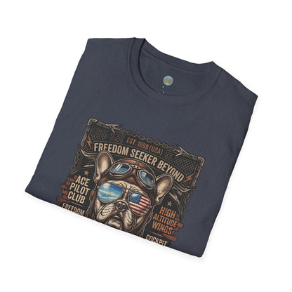 Vintage Aviator Frenchie T-Shirt | Freedom French Bulldog Pilot with Goggles | Gildan Softstyle 64000 Premium Tee
