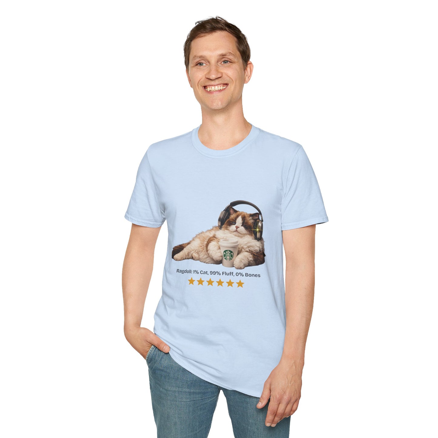 Cat Coffee Review T-Shirt — Relaxed Cat with Headphones & 5-Star Latte Tee | Gildan Softstyle 64000 Premium Tee