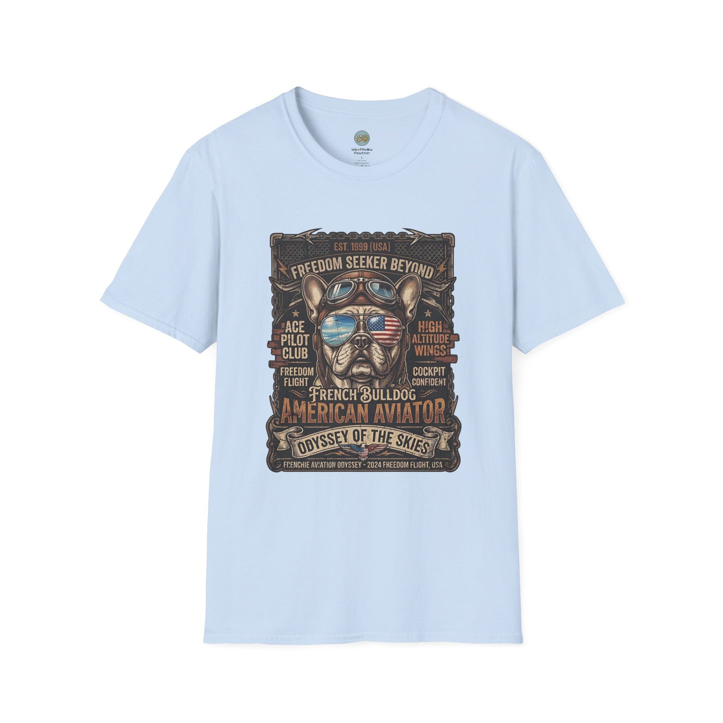Vintage Aviator Frenchie T-Shirt | Freedom French Bulldog Pilot with Goggles | Gildan Softstyle 64000 Premium Tee
