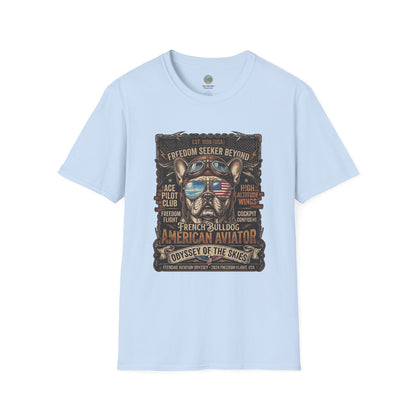 Vintage Aviator Frenchie T-Shirt | Freedom French Bulldog Pilot with Goggles | Gildan Softstyle 64000 Premium Tee