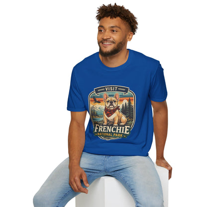 French Bulldog National Park T-Shirt | Vintage Badge Design with Mountains and Sunset for Dog Lovers | Gildan Softstyle 64000 Premium Tee