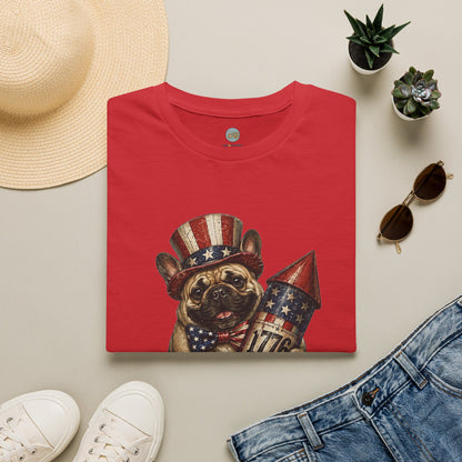 USA United States of Awesome 4th of July T-Shirt | Frenchie with 1776 Firework | Gildan Softstyle 64000