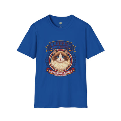 Ragdoll University T-Shirt | Vintage College Crest Style | Gildan Softstyle 64000 Premium Tee for Cat Moms and Dads