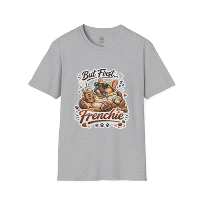 French Bulldog T-Shirt - But First Frenchie | Cute Sleeping Frenchie with Coffee Cup Morning Design | Gildan Softstyle 64000 Premium Tee