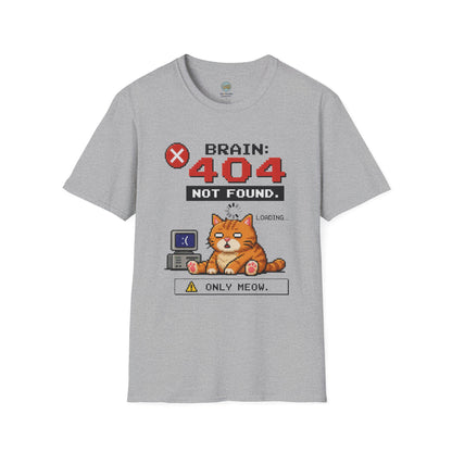 Brain 404 Not Found Only Meow T-Shirt | Orange Cat Pixel Art | Gildan Softstyle 64000