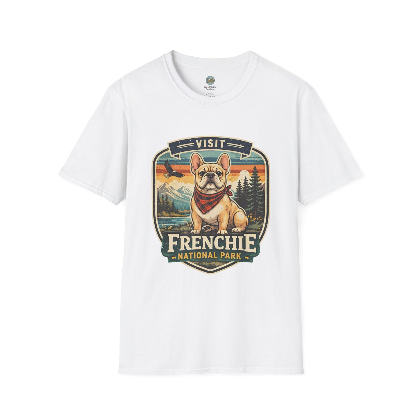 French Bulldog National Park T-Shirt | Vintage Badge Design with Mountains and Sunset for Dog Lovers | Gildan Softstyle 64000 Premium Tee