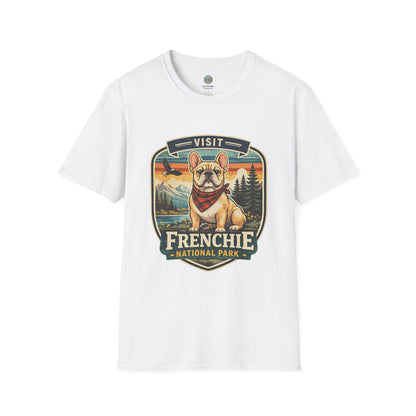 French Bulldog National Park T-Shirt | Vintage Badge Design with Mountains and Sunset for Dog Lovers | Gildan Softstyle 64000 Premium Tee