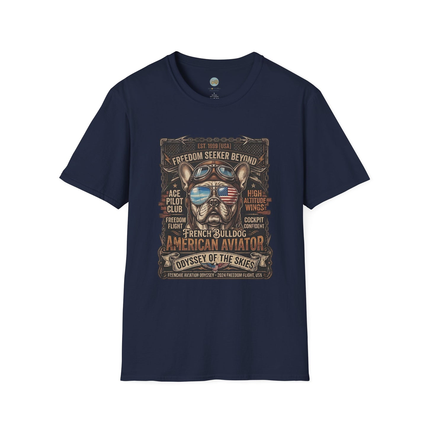 Vintage Aviator Frenchie T-Shirt | Freedom French Bulldog Pilot with Goggles | Gildan Softstyle 64000 Premium Tee
