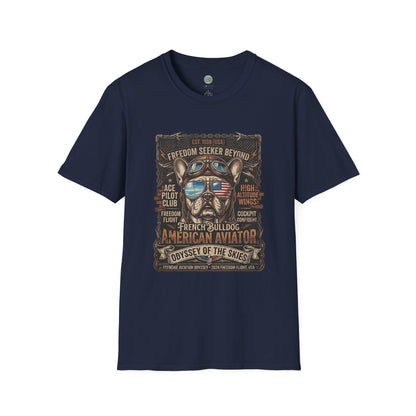 Vintage Aviator Frenchie T-Shirt | Freedom French Bulldog Pilot with Goggles | Gildan Softstyle 64000 Premium Tee