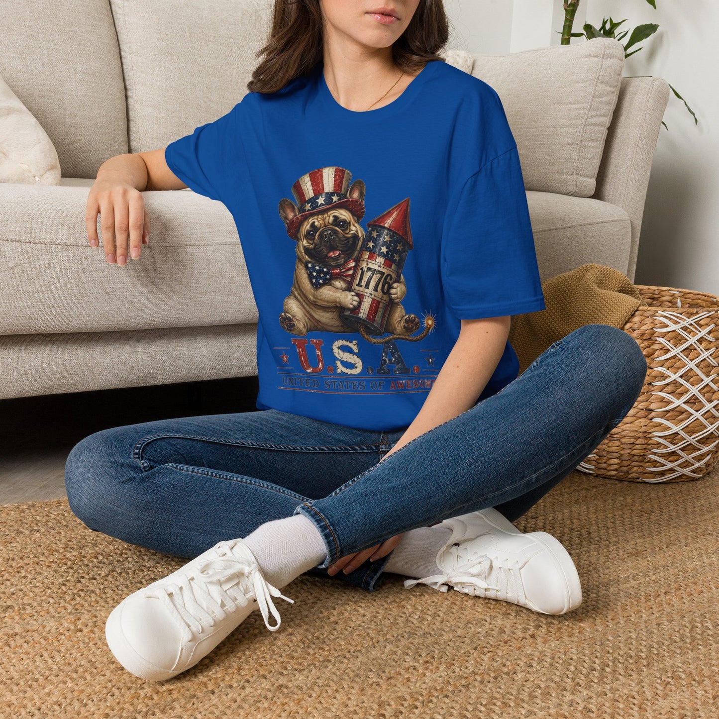 USA United States of Awesome 4th of July T-Shirt | Frenchie with 1776 Firework | Gildan Softstyle 64000
