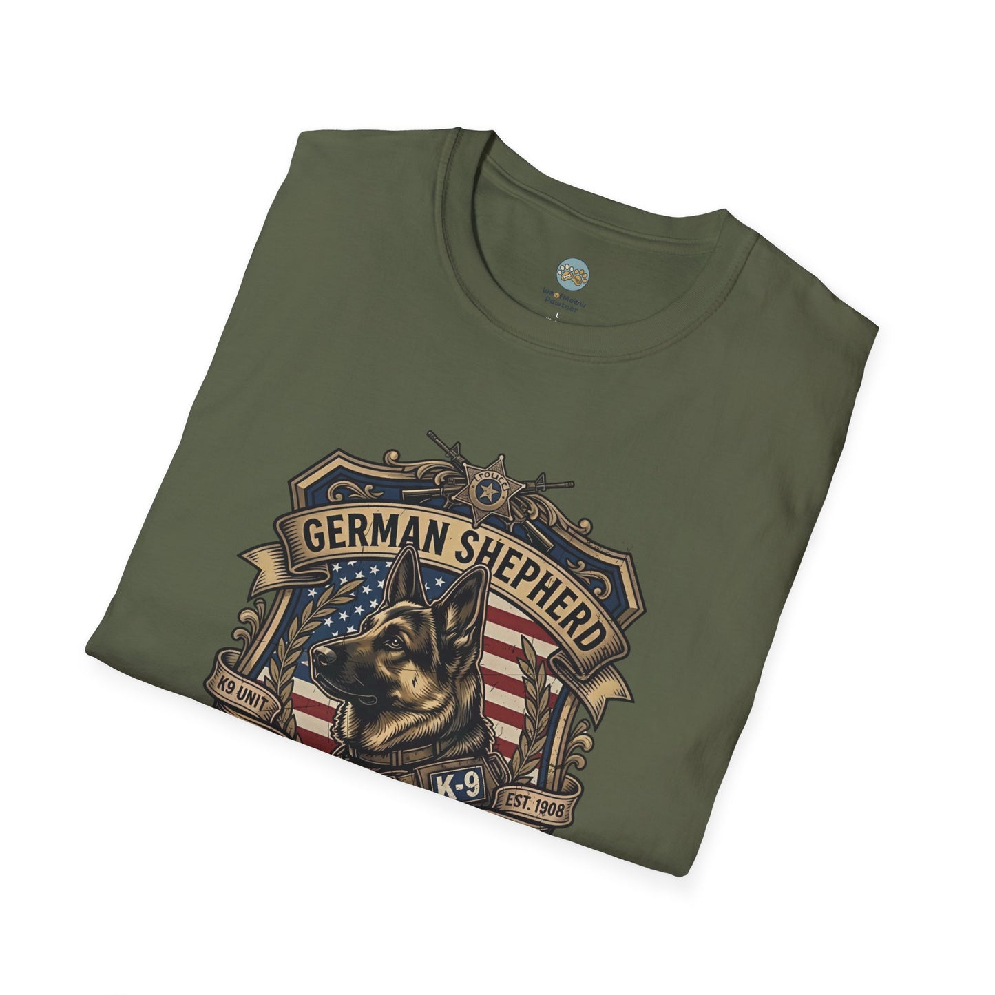 German Shepherd T-Shirt | K9 Unit Est. 1908 - Hero Police Dog Design for GSD Lovers | Gildan Softstyle 64000 Premium Tee