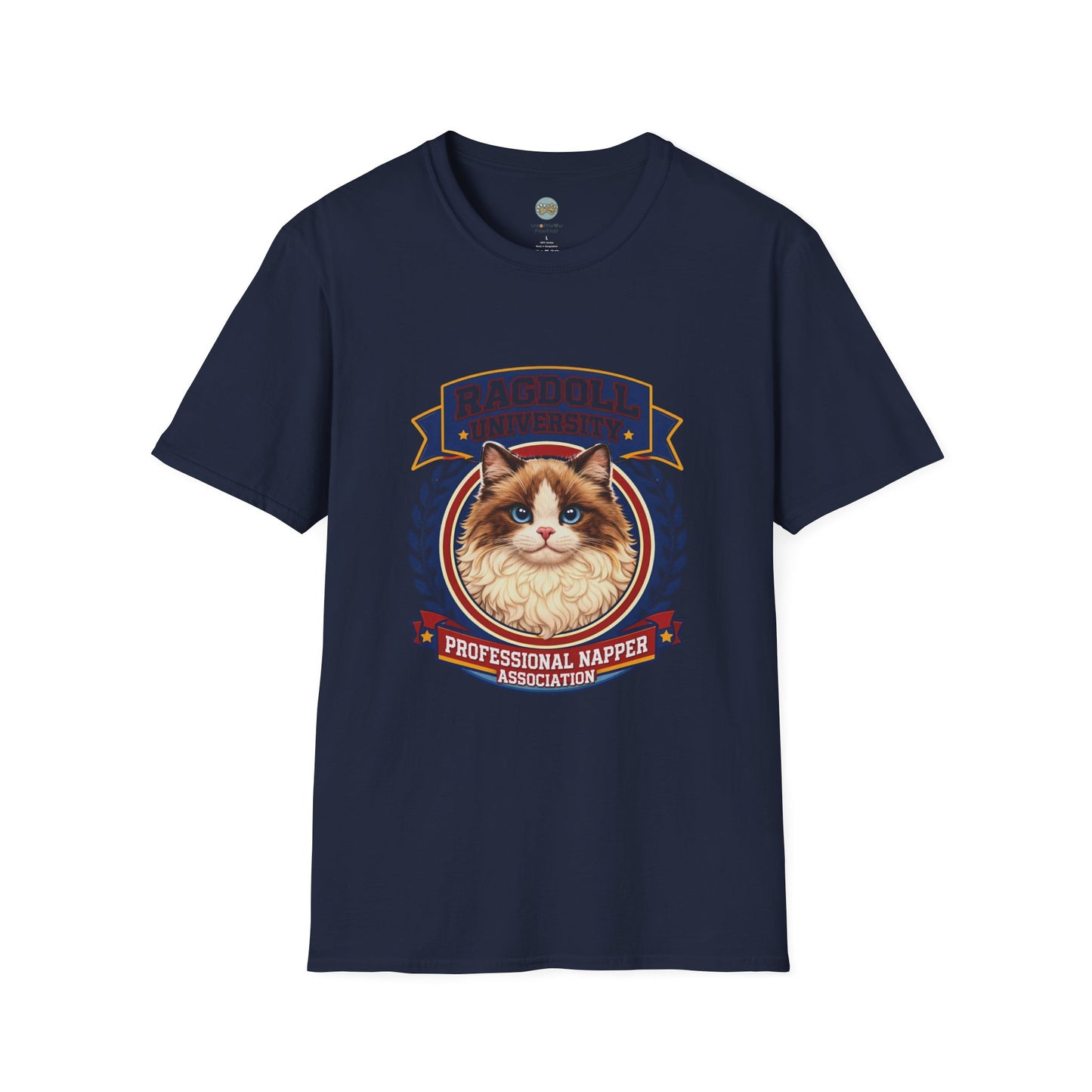 Ragdoll University T-Shirt | Vintage College Crest Style | Gildan Softstyle 64000 Premium Tee for Cat Moms and Dads
