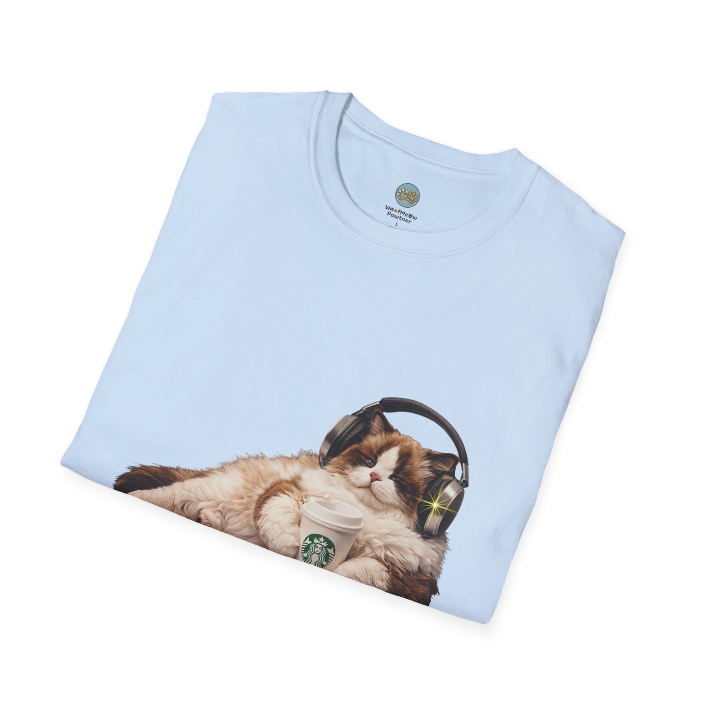 Cat Coffee Review T-Shirt — Relaxed Cat with Headphones & 5-Star Latte Tee | Gildan Softstyle 64000 Premium Tee