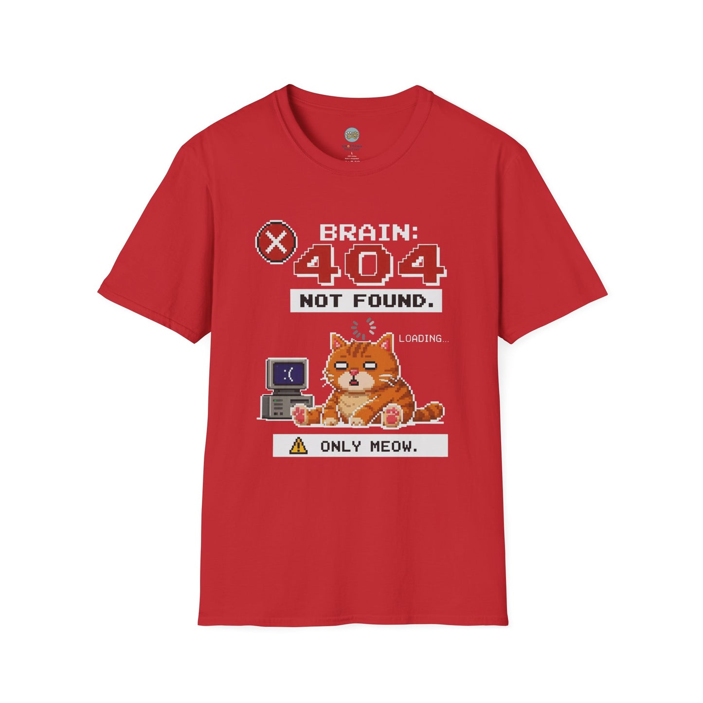 Brain 404 Not Found Only Meow T-Shirt | Orange Cat Pixel Art | Gildan Softstyle 64000