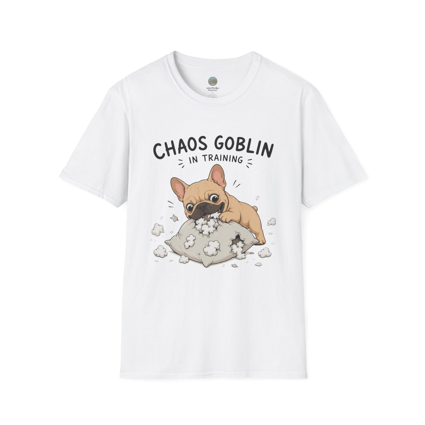 Chaos Goblin In Training T-Shirt | French Bulldog Destroying Pillow | Gildan Softstyle 64000