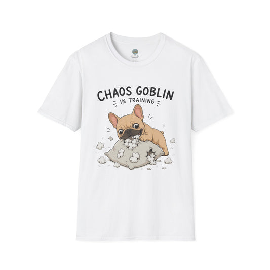Chaos Goblin In Training T-Shirt | French Bulldog Destroying Pillow | Gildan Softstyle 64000