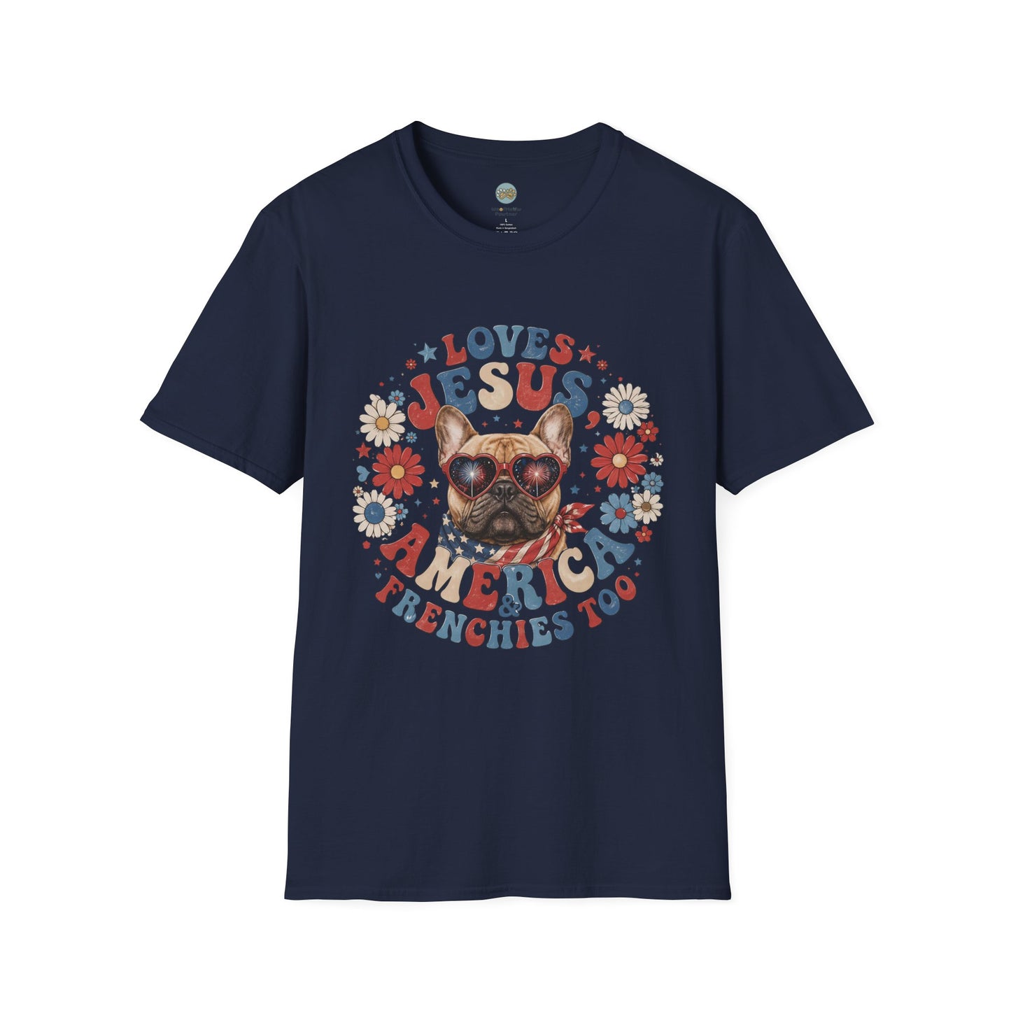Loves Jesus America and Frenchie Too T-Shirt | French Bulldog Dog Mom Design | Gildan Softstyle 64000
