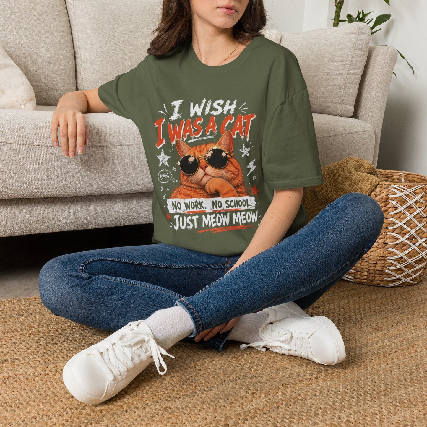 I Wish I Was A Cat T-Shirt | No Work No School Just Meow Meow | Gildan Softstyle 64000