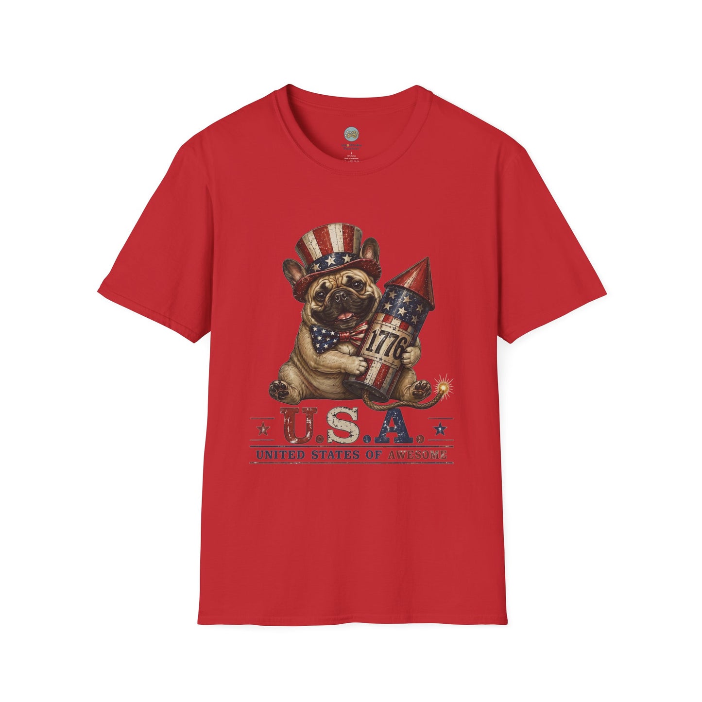 USA United States of Awesome 4th of July T-Shirt | Frenchie with 1776 Firework | Gildan Softstyle 64000