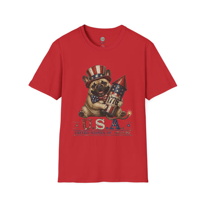 USA United States of Awesome 4th of July T-Shirt | Frenchie with 1776 Firework | Gildan Softstyle 64000