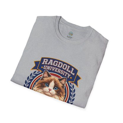Ragdoll University T-Shirt | Vintage College Crest Style | Gildan Softstyle 64000 Premium Tee for Cat Moms and Dads