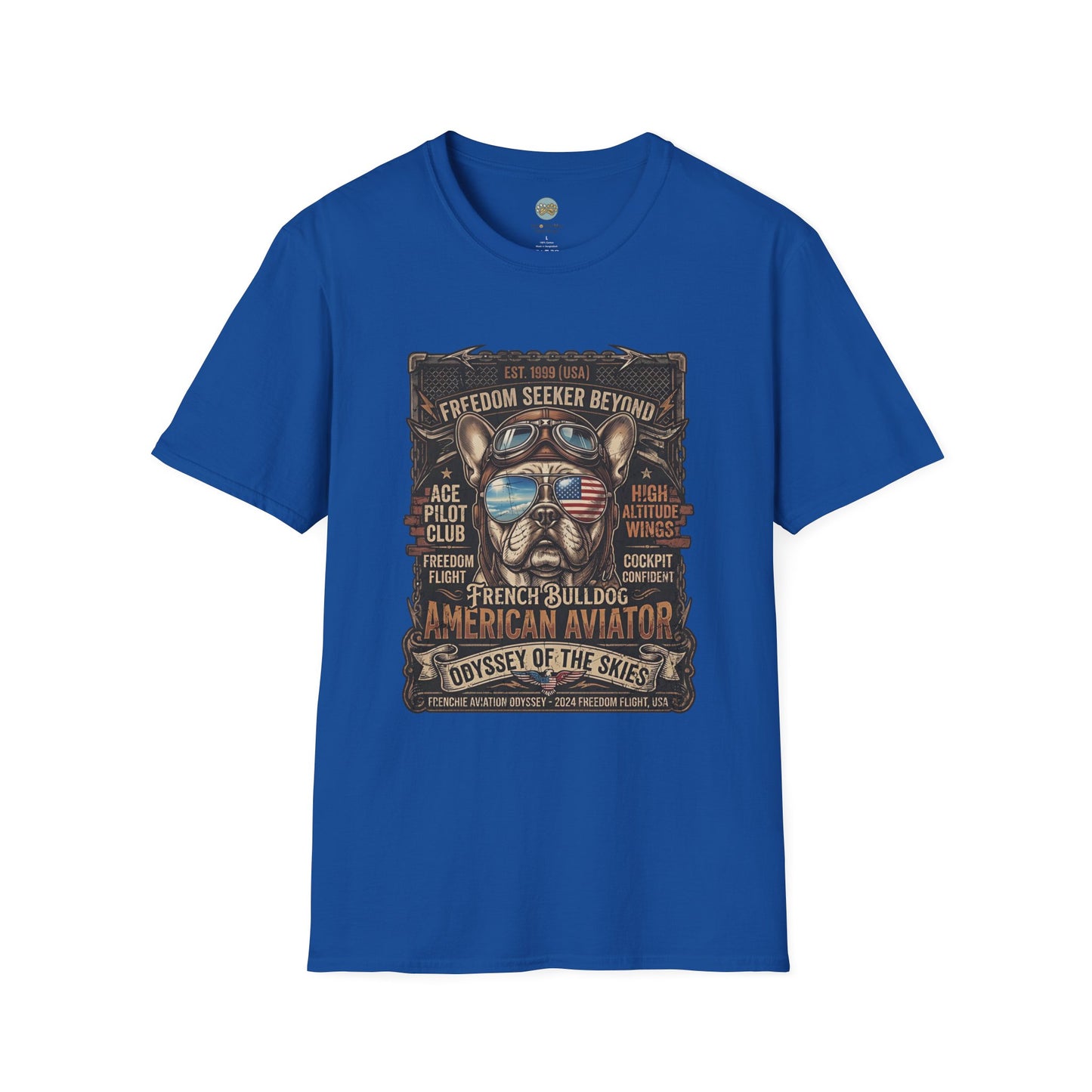 Vintage Aviator Frenchie T-Shirt | Freedom French Bulldog Pilot with Goggles | Gildan Softstyle 64000 Premium Tee