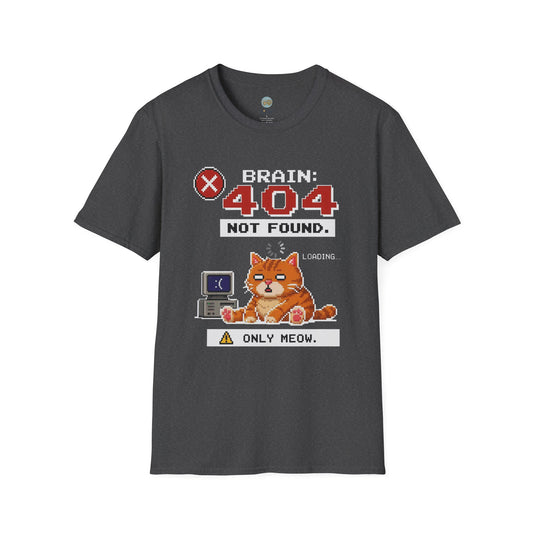 Brain 404 Not Found Only Meow T-Shirt | Orange Cat Pixel Art | Gildan Softstyle 64000