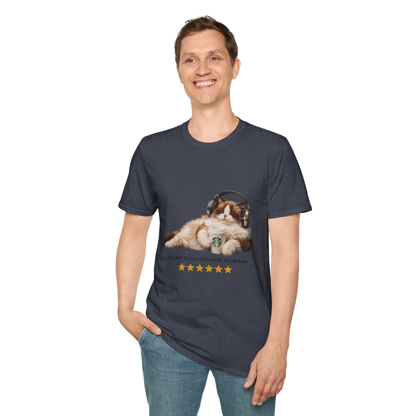 Cat Coffee Review T-Shirt — Relaxed Cat with Headphones & 5-Star Latte Tee | Gildan Softstyle 64000 Premium Tee