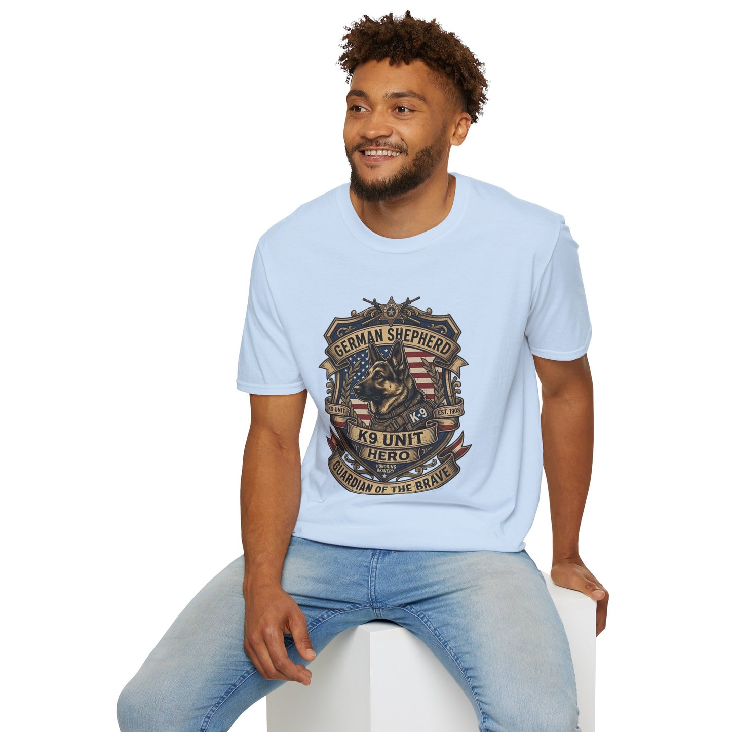 German Shepherd T-Shirt | K9 Unit Est. 1908 - Hero Police Dog Design for GSD Lovers | Gildan Softstyle 64000 Premium Tee