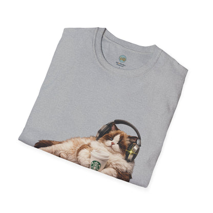 Cat Coffee Review T-Shirt — Relaxed Cat with Headphones & 5-Star Latte Tee | Gildan Softstyle 64000 Premium Tee