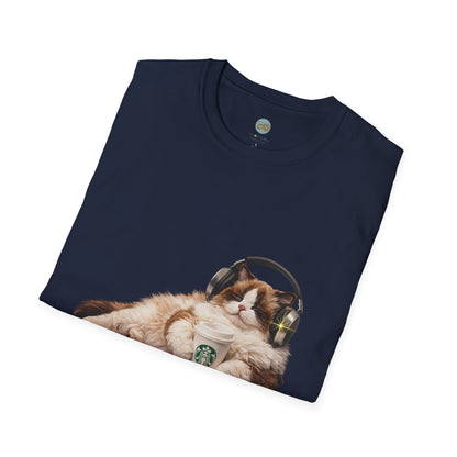 Cat Coffee Review T-Shirt — Relaxed Cat with Headphones & 5-Star Latte Tee | Gildan Softstyle 64000 Premium Tee
