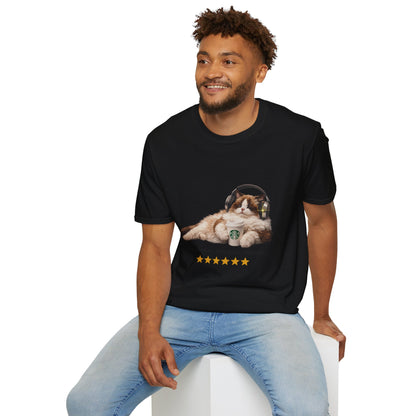 Cat Coffee Review T-Shirt — Relaxed Cat with Headphones & 5-Star Latte Tee | Gildan Softstyle 64000 Premium Tee