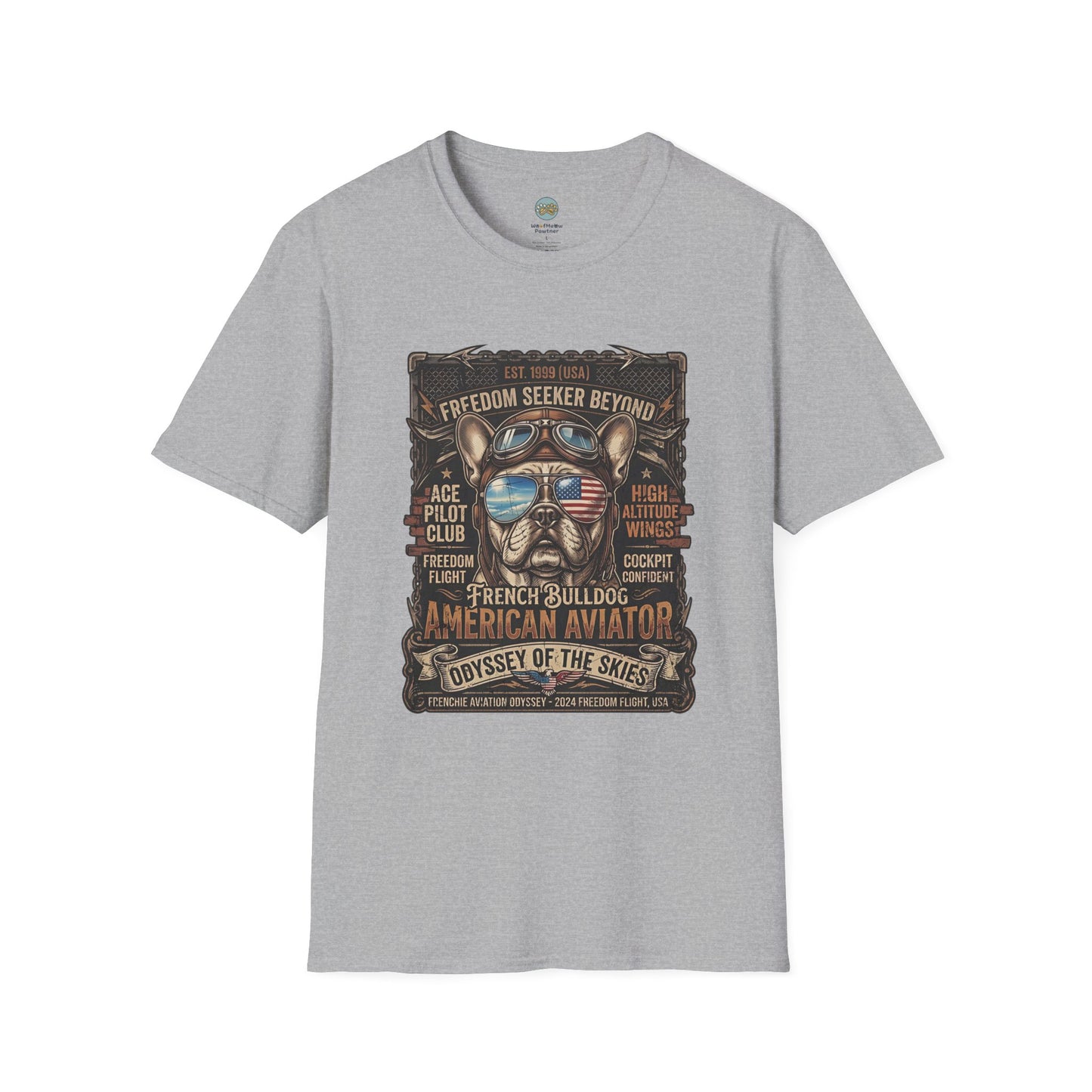 Vintage Aviator Frenchie T-Shirt | Freedom French Bulldog Pilot with Goggles | Gildan Softstyle 64000 Premium Tee