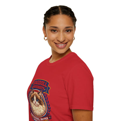 Ragdoll University T-Shirt | Vintage College Crest Style | Gildan Softstyle 64000 Premium Tee for Cat Moms and Dads