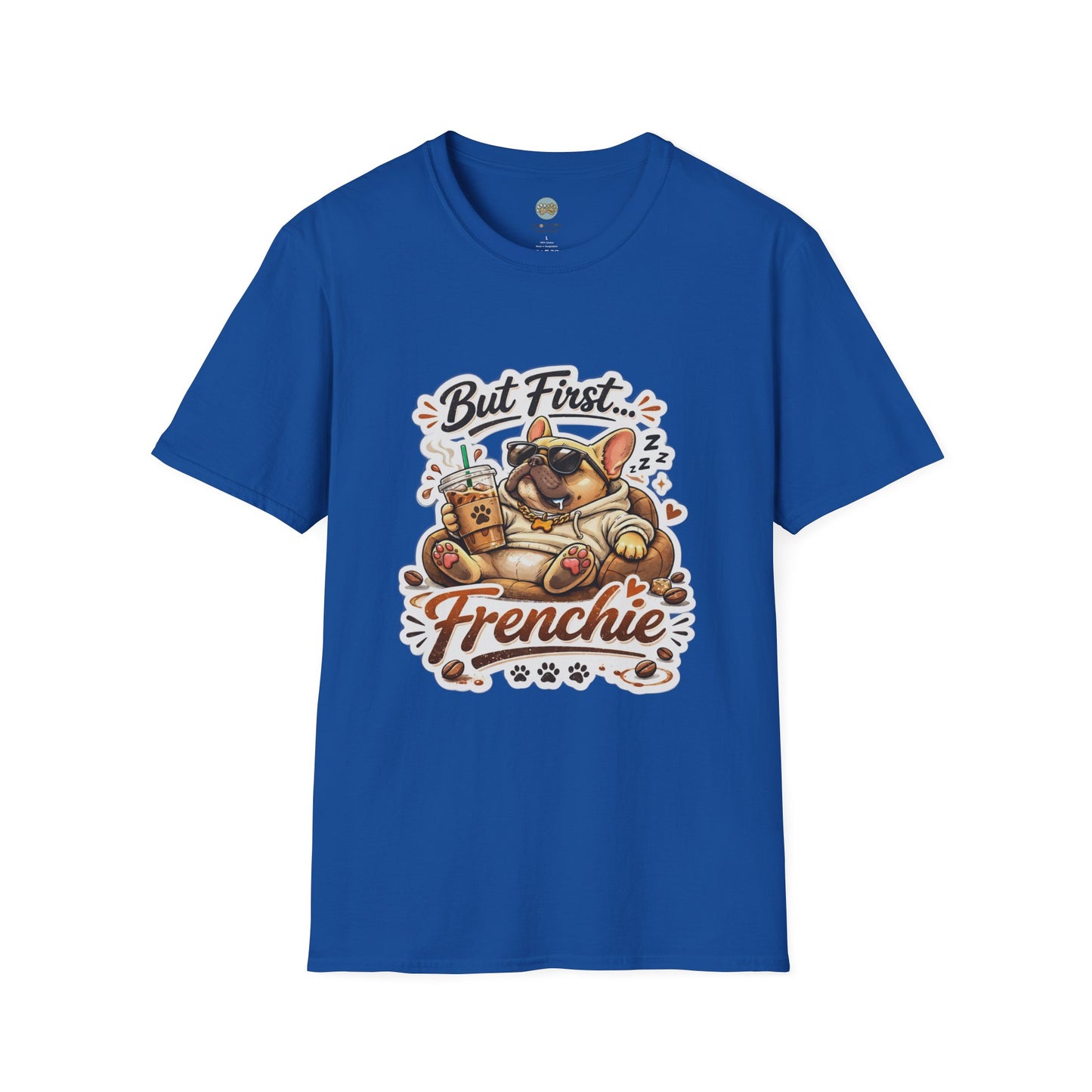French Bulldog T-Shirt - But First Frenchie | Cute Sleeping Frenchie with Coffee Cup Morning Design | Gildan Softstyle 64000 Premium Tee