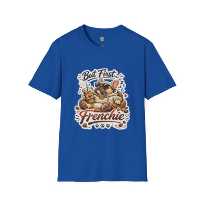French Bulldog T-Shirt - But First Frenchie | Cute Sleeping Frenchie with Coffee Cup Morning Design | Gildan Softstyle 64000 Premium Tee