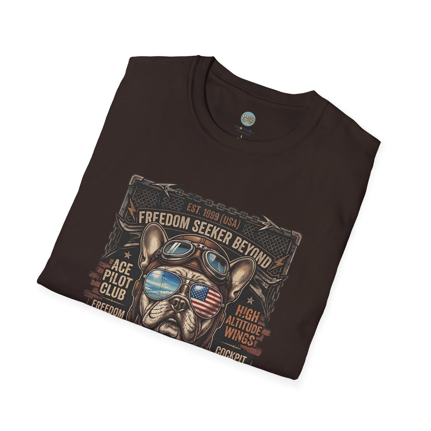 Vintage Aviator Frenchie T-Shirt | Freedom French Bulldog Pilot with Goggles | Gildan Softstyle 64000 Premium Tee