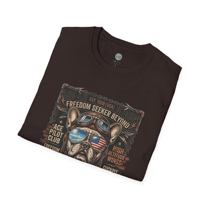 Vintage Aviator Frenchie T-Shirt | Freedom French Bulldog Pilot with Goggles | Gildan Softstyle 64000 Premium Tee
