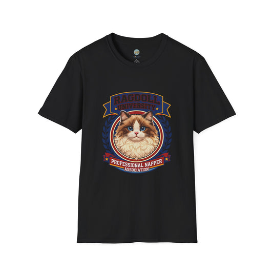 Ragdoll University T-Shirt | Vintage College Crest Style | Gildan Softstyle 64000 Premium Tee for Cat Moms and Dads