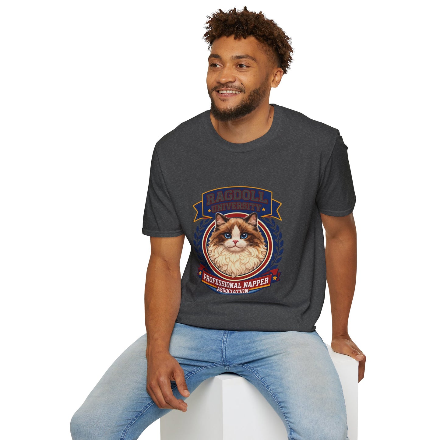 Ragdoll University T-Shirt | Vintage College Crest Style | Gildan Softstyle 64000 Premium Tee for Cat Moms and Dads