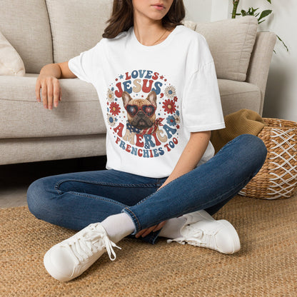 Loves Jesus America and Frenchie Too T-Shirt | French Bulldog Dog Mom Design | Gildan Softstyle 64000