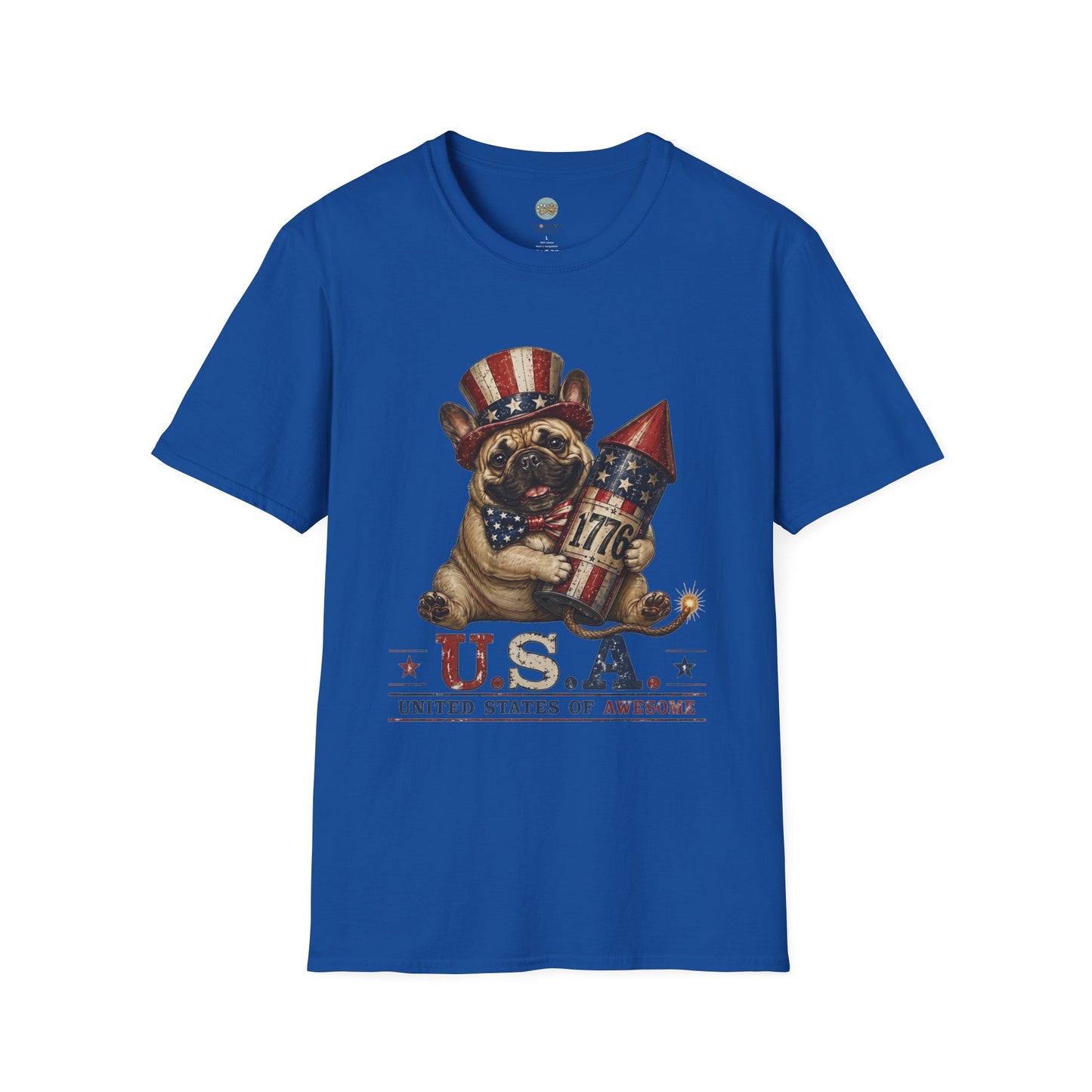 USA United States of Awesome 4th of July T-Shirt | Frenchie with 1776 Firework | Gildan Softstyle 64000